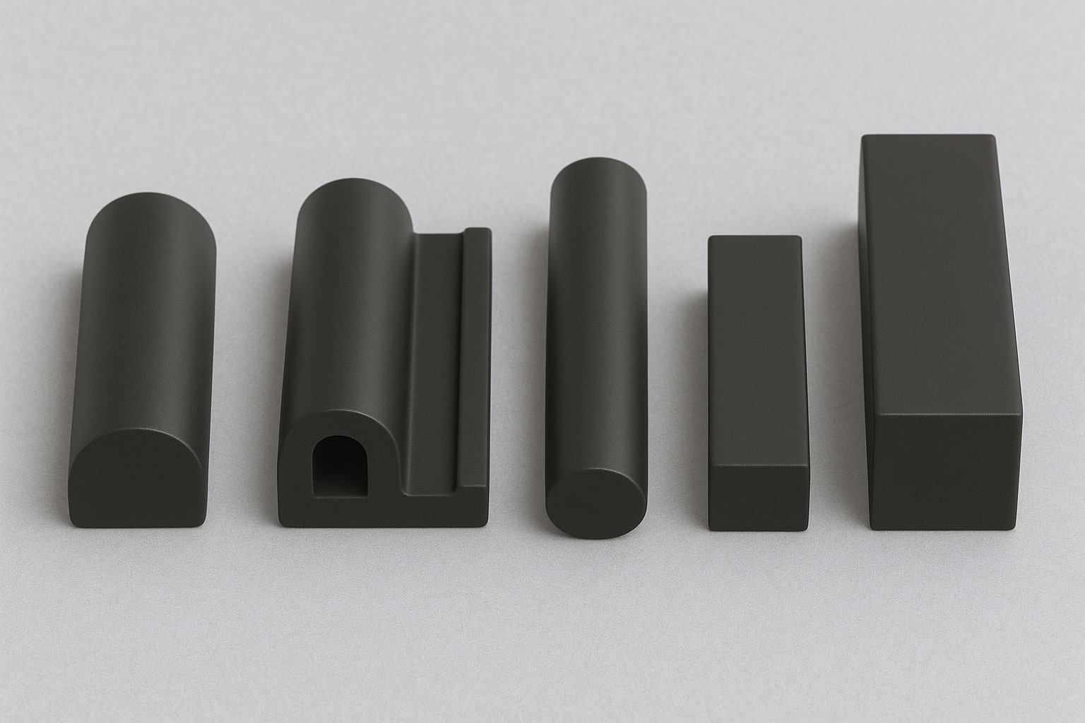 Solid rubber extruded profiles including strips, cords, D sections and custom shapes